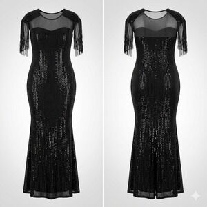 Sequin Fringe Sleeve Gown 14 Black Gatsby Flapper Formal Mermaid Dress Maxi 2002